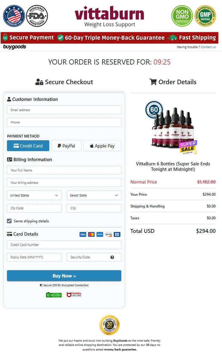 Secure checkout process for Vittaburn order